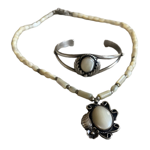 Vintage Sterling Silver Mother of Pearl Necklace & Bracelet Set